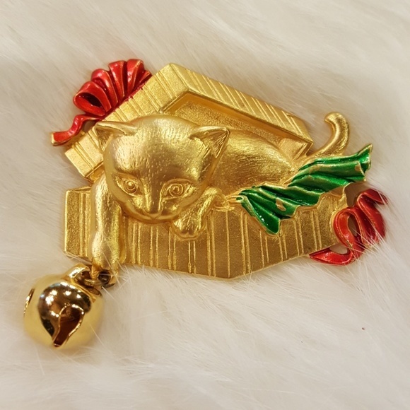 VINTAGE MARKED JJ CAT IN BOX WITH BELL BROOCH - Picture 2 of 4